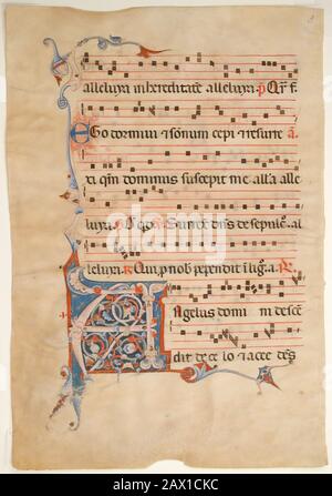 Manoscritto foglia con Foliated Iniziale A, da un Antifonario, 14th secolo. Foto Stock