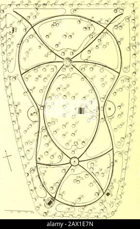 Giardino e foresta; un giornale di orticoltura, arte di paesaggio e selvicoltura . questa pagina) per mostrare quanto simmetrico è exceptwhere è stato distorto in due o tre posti. Le Curvedlines non sono necessariamente naturali. Naturalmente, l'edificio (C) dovrebbe essere meno cospicuo di quanto non sia, e la nuova pianta lo corregge. Anche chiaramente le statue sono introduzioni della data dell'alater, e il progettista originale non è responsabile del loro posizionamento dove sono. Potrebbero essere riamposti ai punti (NN). Se questo fosse fatto non scopro comunque superiorità grande nel progetto proposto sopra quello vecchio. La Foto Stock