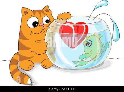 illustrazione vettoriale valentines giorno tabby gatto catehes un cuore in un acquario Illustrazione Vettoriale