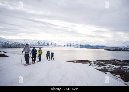 Un gruppo di sci di fondo in Islanda con l'oceano sullo sfondo Foto Stock