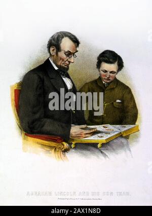 1864 , 9 febbraio , USA : IL presidente degli Stati Uniti ABRAHAM LINCOLN ( Big South Fork , KY, 1809 - Washington 1865 ) guardando un album fotografico con suo figlio, Tad Lincoln , 9 febbraio 1864. Litografia da una foto di ANTHONY BERGER . Il presidente Lincoln visitò la Brady Gallery a Washington, D.C., con suo figlio Tad, martedì 9 febbraio 1864. Uno dei ritratti Lincoln più popolari, questo è l'unico vicino di lui indossando occhiali. È stato emesso in grandi quantità in molte varianti, con e senza il permesso di Brady. Presidente della Repubblica - Stati Uniti - ritratto - c Foto Stock