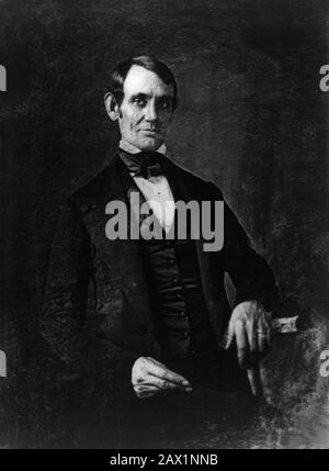 1846 ca , USA : il futuro Presidente degli Stati Uniti ABRAHAM LINCOLN ( 1809 - 1865 ) quando fu eletto membro del Congresso dall' Illinois . Foto daguerreotype di Nicholas H. Shepherd . Attribuito a Nicholas H. Shepherd, basato sui ricordi di Gibson W. Harris, uno studente di legge nell'ufficio di Lincoln dal 1845 al 1847. Questo daguerreotype è la prima fotografia conosciuta di Abraham Lincoln, presa all'età 37 quando era un avvocato di frontiera a Springfield ed il membro eletto del congresso dall'Illinois. - Presidente della Repubblica - stati Uniti - fagherrotipo - USA - ritatto - ritratto - cravatta - cravatta - papillon - collare Foto Stock