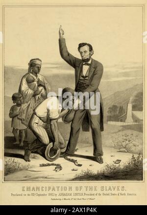 1862 , USA : l'emancipazione degli schiavi, proclamata il 22nd settembre 1862 dal Presidente degli Stati Uniti ABRAHAM LINCOLN ( 1809 - 1865 ) . Incisione di J. Waeshle ( 1862 )- Presidente della Repubblica - stati Uniti - USA - ritatto - ritratto - cravatta - cravatta - papillon - collare - colletto - Abramo - EMANCIAZIONE DEGLI SCHIAVI - schiavi - schiavitù - schivismo ---- Archivio GBB Foto Stock