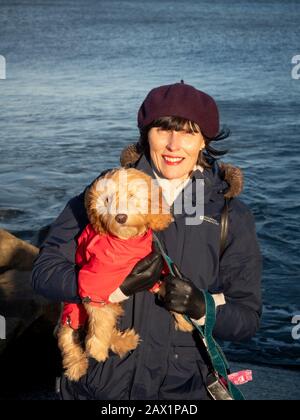 Donna che tiene il cucciolo Cockapoo in cappotto rosso all'aperto Foto Stock