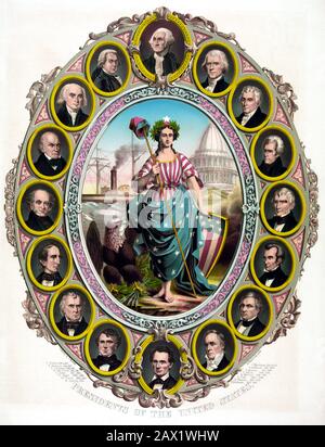 1861 , USA : il 16° Presidente degli Stati Uniti ABRAHAM LINCOLN ( 1809 - 1865 ) con tutti gli altri Presidenti degli Stati Uniti d'America . Una grande stampa patriottica probabilmente emessa intorno all'inaugurazione di Abraham Lincoln. Columbia si trova davanti al Campidoglio degli Stati Uniti, con uno scudo e uno staff con un berretto liberty. Sul suo brow indossa una corona di alloro con una sola stella. Accanto a lei c'è un'aquila, che tiene uno streamer con il motto 'e Pluribus Unum.' UNA nave a vapore è visibile sullo sfondo a sinistra. La scena centrale è incorniciata da ritratti ovali dei primi sedici presidenti degli Stati Uniti, wi Foto Stock