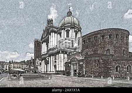 Antica Cattedrale, Nuova Cattedrale E Palazzo Broletto In Piazza Del Duomo, Piazza Paolo Vi, Brescia, Lombardia, Italia, Europa Foto Stock