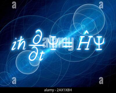 Equazione di Schrodinger dipendente dal tempo e luminosa blu con frequenze circolari, sfondo astratto generato dal computer, rendering 3D Foto Stock