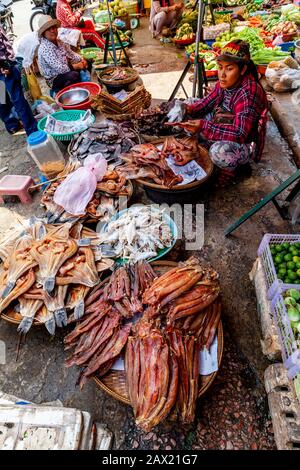 Pesce Essiccato In Vendita Nel Mercato Del Pesce Di Psar Nath, Battambang, Cambogia. Foto Stock