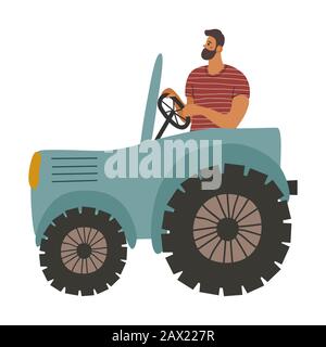 Trattore isolato e uomo in esso. Coltivatore coltiva la terra. Illustrazione piatta del vettore Illustrazione Vettoriale