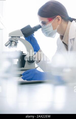 Proiezione laterale verticale di una donna non riconoscibile che esamina la reazione chimica dei campioni al microscopio in un moderno laboratorio Foto Stock