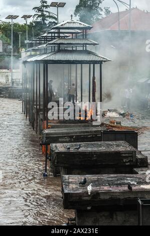 I pyres funerari sono tenduti per molte ore fino a che i cadaveri cremati non siano trasformati in cenere al tempiale indù di Pashupatinath ed ai ghats di Burning - Nepal di Kathmandu Foto Stock