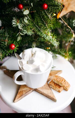 Caffè in una tazza bianca con marshmallows. Caffè festoso al mattino con biscotti cantuccini italiani tradizionali. Tazza da caffè sullo sfondo di abete verde b Foto Stock