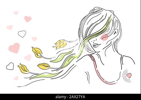 Illustrazione vettoriale di primavera ragazza, giovane donna con capelli volanti, cuori rosa, tulipani gialli su sfondo bianco. Happy San Valentino, Festa Della Donna. P Illustrazione Vettoriale