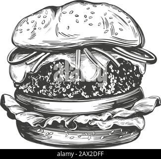 grande hamburger, hamburger disegno a mano vettore illustrazione realistico schizzo. Illustrazione Vettoriale