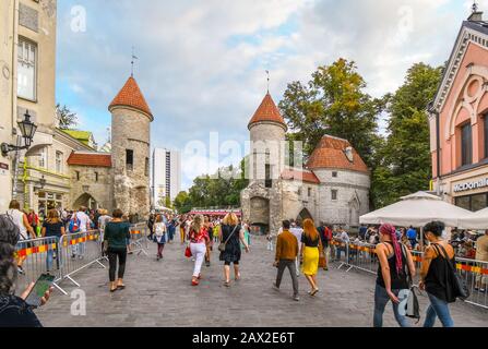 I turisti lasciano la città vecchia medievale di Tallinn Estonia attraverso la pittoresca porta Viru. Foto Stock