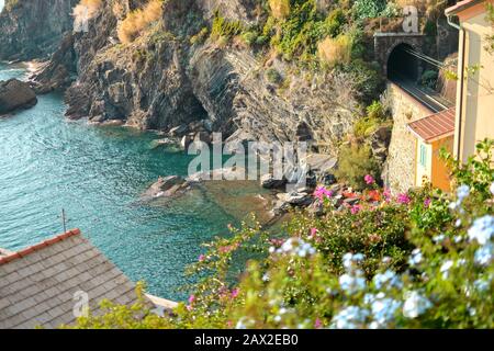 Una giovane donna siede su una grande roccia sulla costa di Vernazza, Cinque Terre Italia, con la costa rocciosa e colori del mare in vista dalla collina sopra Foto Stock