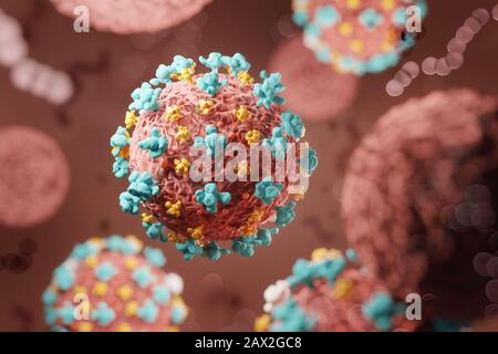 Un primo piano di Coronavirus 2019-nCoV galleggia all'interno del corpo umano. Un virus influenzale infettivo che causa malattie respiratorie. Impressione - 3d i Foto Stock