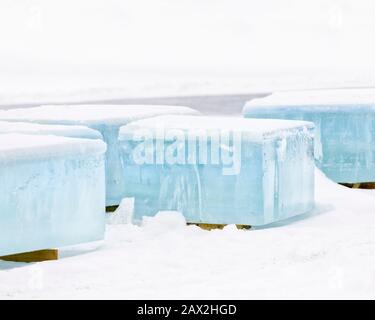 Raccogliendo blocchi di ghiaccio di acqua dolce, Manitoba, Canada. Foto Stock