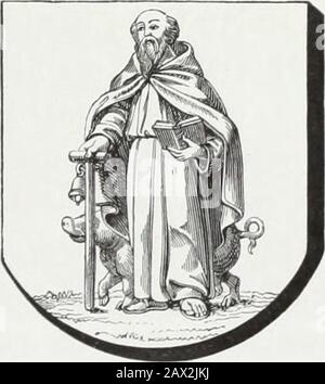 Mœurs, usanze et costumi au moyen âge et à l'époque de la Renaissance . Fig. 23G.- Bannière des charronsde Paris, aux armes parlantes dela Corporation.. Fig. 240.- Bannière des tanneursde vie, à leffigie du saint patronde la corporation. Fig. 241. La à leffigie du saintmecenate de la corporation. 3 i 2 MŒURS ET USANZE. Dune même professione habitaient le même quartier, sinon la même rue. Lenom de beaucoup de voies publiques, à Paris et dans dautres villes deFrance, témoigne de cet usage général qui existe encore, du moins enpartie, dans quelques vieilles métro Foto Stock