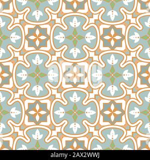 Motivo blu e verde piastrella portoghese senza cuciture. Piastrelle in ceramica mediterranea design color oro blu pastello. Illustrazione Vettoriale