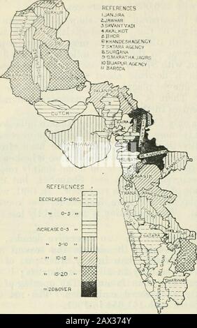 Censimento dell'India, 1911 .. mer cinque anni mostdisastrosi. La peste si è rotta e sjivead gradualmente in tutta la provincia.Nor i problemi sono venuto singolarmente. Nel 1897 il Deccan fu gravemente colpito dalla carestia, e là Fu Un'altra carestia ancora più grave nel 1900. IHE brunt della carestia del tliislattor cadde su Gujarat, Avhich fino a allora liad fu considerato come fuori dalla zona della carestia. L'effetto coml)ined di queste visite è stato visto in una diminuzione di of55 per cento, al censimento preso nel 1901. Durante il decennio successivo le colture erano molto povere in Gujarat nel 1901and 1904, nel Deccan e Karnatak nel 1905, e nella maggior parte Foto Stock