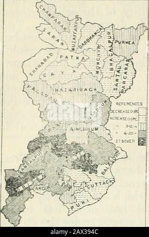 Censimento dell'India, 1911 .. . 151 per cento. I dieci anni che terminarono nel 1891 furono prosperi e quindi fu una congrua generale. Durante il decennio seguente peste ha fatto la sua prima apparizione in Bihar e ha causato una mortalità molto pesante. Le stagioni erano spesso sfavorevoli all'agricoltura, e c'era carestia nel 1897 e di nuovo in1900. Il più presto di queste calamità era più severo in Bihar del nord e tliolater uno in Nagpur di Chola. In conseguenza di queste condizioni avverse, il tasso generale di aumento è stato il più basso mai registrato. I primi quattro anni del decennio terminando nel 1911 Aere un periodo di fairagricole Foto Stock