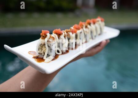 Primo piano di qualcuno che tiene un vassoio di diversi tipi di sushi Foto Stock