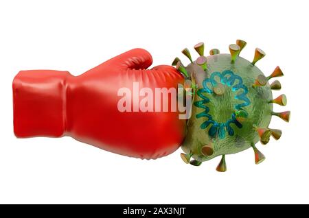 Guanto da boxe con e coronavirus, rendering 3D isolato su sfondo bianco Foto Stock