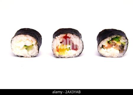 Una serie di rotoli di diversi tipi isolati su uno sfondo bianco. Foto Stock