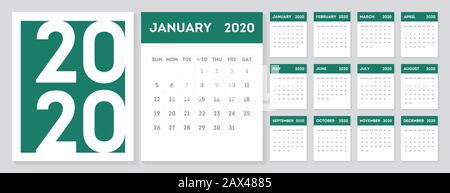 Modello di progettazione del calendario gregoriano 2020. Set di 12 mesi di calendario in stile minimalista. Illustrazione Vettoriale