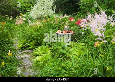 Sentiero in pietra e confine con bagno di uccelli, Astilbes rosa 'Venere', Hemerocallis arancio - fiori di giorno in giardino privato cortile in estate Foto Stock