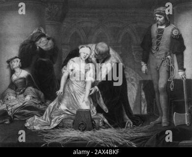 1875 ca , LONDRA , GRAN BRETAGNA : LA SIGNORA JANE GRIGIO comdamned nella TORRE DI LONDRA , dipinto da PAUL DELAROCHE . Lady Jane Gray (1536 1537 - 12 febbraio 1554), conosciuta anche come la Regina Dei Nove giorni, fu una nobildonna inglese che fu de facto monarca d'Inghilterra dal 10 luglio al 19 luglio 1553 e fu successivamente giustiziata. Una grande nipote di Enrico VII da sua figlia minore Mary, Jane era un cugino-una volta-rimosso di Edward VI - INGHILTERRA - GRAND BRETAGNA - LONDRA - ARCHITETTURA - ARCHITETTURA - FOTO STORICHE - FOTO STORICHE - GEOGRAFIA - GEOGRAFIA - VECCHIA EUROPA - VECCHIA Foto Stock