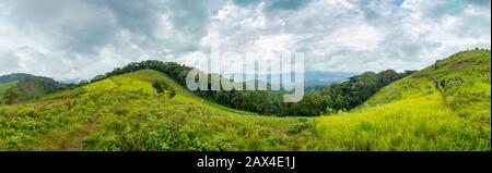 Vista panoramica della campagna e dei campi nella Foresta Impenetrabile di Bwindi, Parco Nazionale Impenetrabile di Bwindi, distretto di Kanungu, Regione Occidentale, Uganda Foto Stock