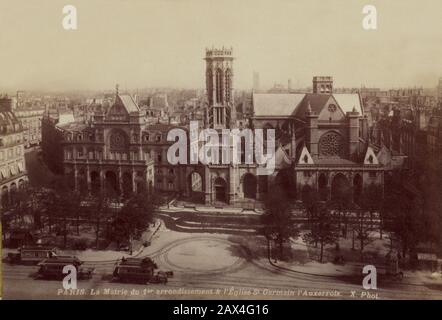 1875 ca, PARIGI , FRANCIA : La MAIRIE du i CIRCONDARIO e EGLISE SAINT GERMAIN L' AUXERROIS - PARIGI - FRANCIA - FOTO STORICHE - FOTO STORICHE - GEOGRAFIA - GEOGRAFIA - PANORAMA - BELLE EPOQUE - PIAZZA - piazza - luogo - CHIESA - MUNICIPIO - torre - torre - Stile gotico - omnibus ---- Archivio GBB Foto Stock