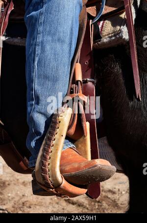 Un membro montato di un gruppo chiamato Cowboys for Trump siede sul suo cavallo con i suoi stivali nelle staffe ad un rally pro-Trump a New Mexicos USA. Foto Stock