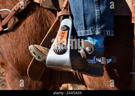 Un membro montato di un gruppo chiamato Cowboys for Trump siede sul suo cavallo con i suoi stivali nelle staffe ad un rally pro-Trump a New Mexicos USA. Foto Stock