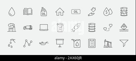 Set Di Icone Della Linea Vettore Relative All'Olio. Contiene icone come Fuel Truck, gas Station, Oil Factory, Transportation e altro ancora. Traccia Modificabile. 32x32 Pix Illustrazione Vettoriale