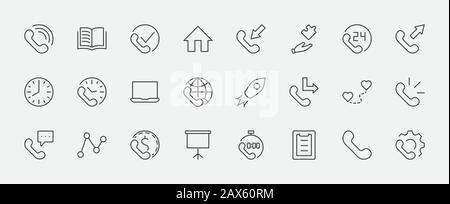 Set di icone della linea telefonica vettoriale. Contiene i simboli delle chiamate in entrata, in uscita, perse, chiamate globali e supporto online 24 ore su 24 e molto altro Illustrazione Vettoriale