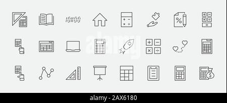 Set Di Icone Della Linea Vettoriale Di Calcolo. Contiene icone come icona calcolatrice, matita, Clic, Money Bag, Simbolo Percentuale, quadrato e righello. Str. Modificabile Illustrazione Vettoriale