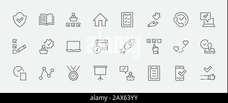 Impostare Approva Icone Linea Vettore. Contiene icone quali controllo qualità, garanzia di protezione, documento Accettato e altro ancora. Traccia Modificabile. 32x32 Pixel Illustrazione Vettoriale