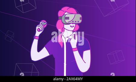 Immagine vettoriale dei cartoni animati del giocatore di gioco VR. Gamer che indossano cuffie con controller wireless che giocano un personaggio lineart dei videogiochi isolato su viola. Gioco in realtà virtuale, simulatore futuristico Illustrazione Vettoriale