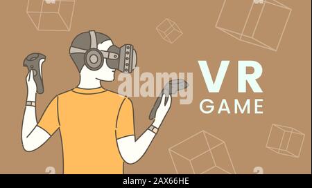Modello banner piatto del gioco di realtà virtuale. Intrattenimento e esperienza in realtà virtuale, illustrazione delle apparecchiature per la realtà virtuale con intestazione. Lettore femminile in cuffia e controller wireless personaggio cartone animato Illustrazione Vettoriale