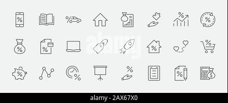 Set Di Icone Di Linea Vettore Relative Al Credito E Al Prestito. Contiene icone quali carta di credito, calcolatore dei tassi, Deposito e altro ancora. Traccia Modificabile. 32x32 Pixel Illustrazione Vettoriale