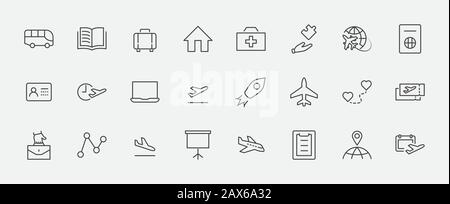 Set Di Icone Della Linea Vettoriale Relative A Airport. Contiene icone quali Globe, partenza, Aereo, autobus, biglietti, ritiro bagagli, calendario, kit e altro ancora. Editabl Illustrazione Vettoriale