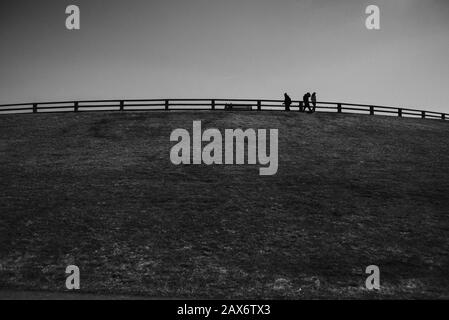 Tiro ad angolo basso di escursionisti lungo le ringhiere su a. hill in monocromia Foto Stock