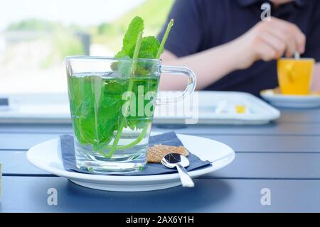 Bevanda calda a base di tè alle erbe in tazza di vetro con menta fresca del giardino servita con waffle su piattino su tavolo di legno Foto Stock