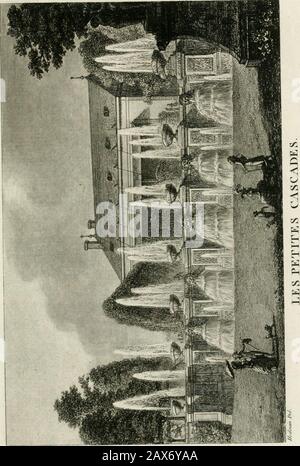 Promenades, ou, Itinéraire des jardins de Chantilly : orné d'un plan et de vingt estampes qui en représentent les principales vues . en rocailles5 bordés de candelabri, et interrogm-pus par quatre paliers, chacun accompagné depusieurs jets. Lespace que forme ces paliersest advé par cinq belles nappes , tombantdans autant de bassins garnis de soleils et dejets. Toutes ces eaux se réunissent et passentalternativement, en bouillonnant, dans troispièces différentes, dont Fune est ornée de sixjets, et les autres de quatre, et enfin dans unbassin en forme de miroir. Rien Nest più aride que la de Foto Stock