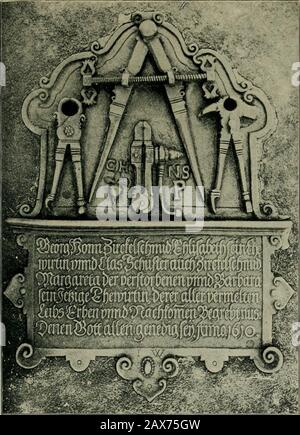 Norimberga e la sua arte fino alla fine del 18th secolo. . Fig. 100. Piastra porta-battente sul lato est del Municipio. PETER HENLEIN, INVENTORE DEGLI OROLOGI. 143 piatto porta-battente, con l'aquila imperiale e i due stemmi del braccio di Norimberga (fig. Loo), è un pezzo fine. Si trova su una delle porte est del Municipio, e risale a circa 1520. Si ritiene che sia un'opera. Fig. Loi. Tomba di bronzo da St. Johns Cemetery. Da M. Gerlach: Bronzeepitaphien der Friedhofe zu Niirnberg. Del fabbro, Hans Ehemann, morto nel 1551. Tra i Nurbergsmiths c'erano molti tuoni profondi Foto Stock