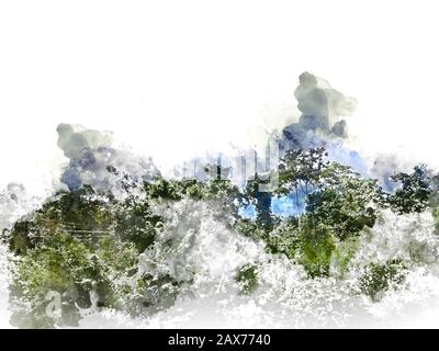 Struttura astratta e paesaggio di campo in Thailandia con acquarello dipinto illustrazione dello sfondo. Foto Stock