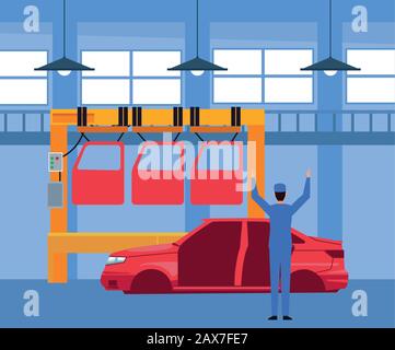 scenario di officina di riparazione auto con carrozzeria e meccanico in  piedi con carrello attrezzi Immagine e Vettoriale - Alamy